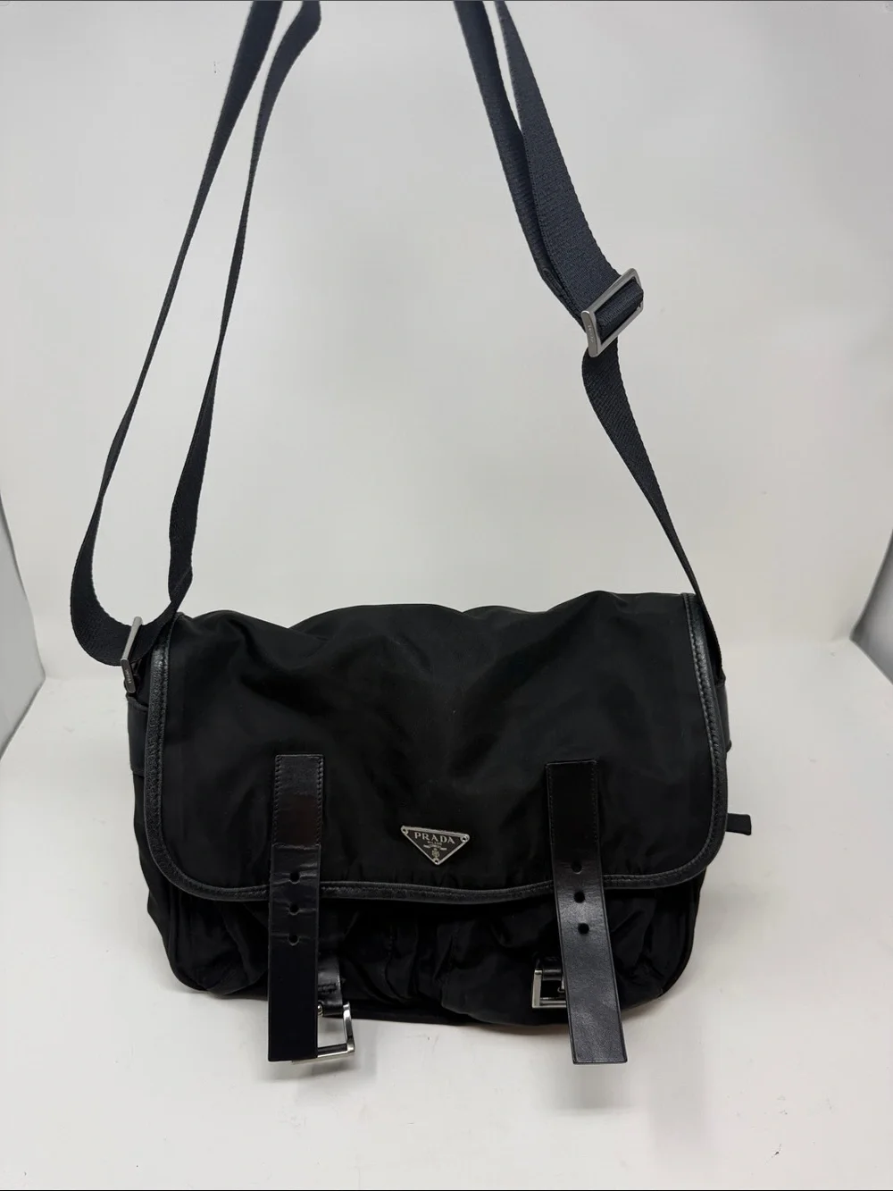 Prada Black Nylon Tessuto Messenger Crossbody Bag Leather Buckle Flap